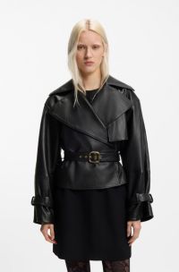 Relaxed-fit leather jacket with belt, Black