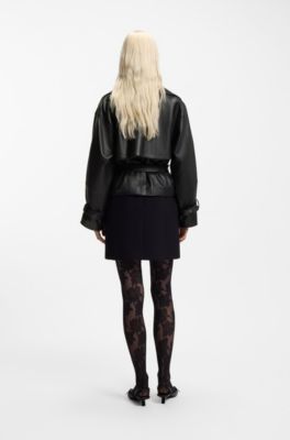 Chaqueta de piel relaxed fit con cintur&oacute;n, Negro
