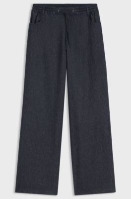 Regular-fit trousers in lightweight denim with drawstring waist, Dark Blue