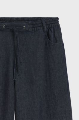 Regular-fit trousers in lightweight denim with drawstring waist, Dark Blue