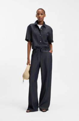 Regular-fit trousers in lightweight denim with drawstring waist, Dark Blue