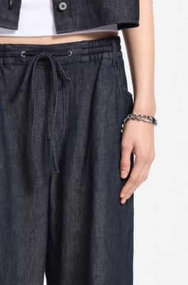 Regular-fit trousers in lightweight denim with drawstring waist, Dark Blue