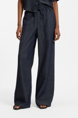 Regular-fit trousers in lightweight denim with drawstring waist, Dark Blue