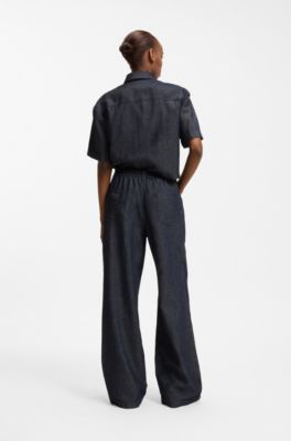 Regular-fit trousers in lightweight denim with drawstring waist, Dark Blue
