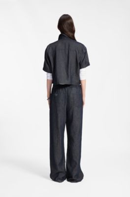 Regular-fit trousers in lightweight denim with drawstring waist, Dark Blue