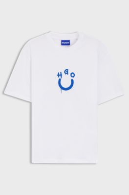 Cotton-jersey T-shirt with Happy HUGO logo, White