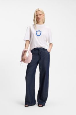 Cotton-jersey T-shirt with Happy HUGO logo, White