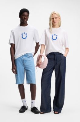T-Shirt aus Baumwoll-Jersey mit Happy HUGO Logo, Wei&szlig;