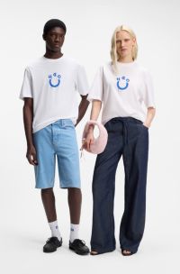 T-shirt en jersey de coton avec logo Happy HUGO, Blanc