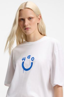 Cotton-jersey T-shirt with Happy HUGO logo, White