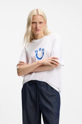 Cotton-jersey T-shirt with Happy HUGO logo, White