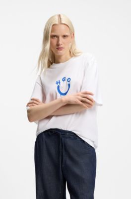 Cotton-jersey T-shirt with Happy HUGO logo, White