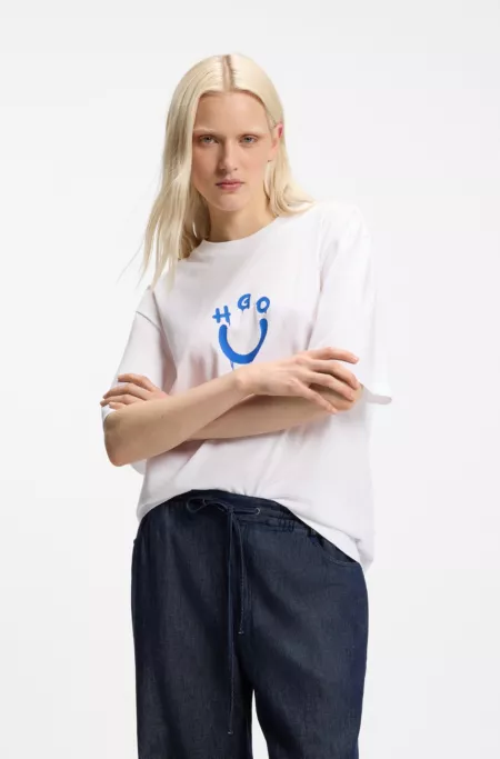 Cotton-jersey T-shirt with Happy HUGO logo