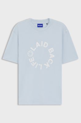 Cotton-jersey T-shirt with Happy HUGO logo, Light Blue