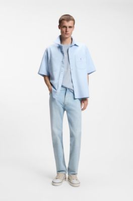 Cotton-jersey T-shirt with Happy HUGO logo, Light Blue