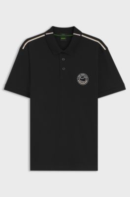 Stretch-cotton polo shirt with tennis-inspired logo, Black