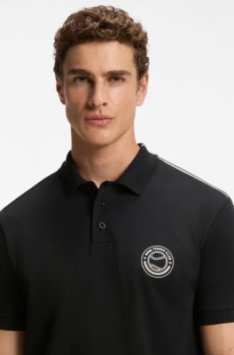 Stretch-cotton polo shirt with tennis-inspired logo, Black