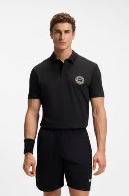 Stretch-cotton polo shirt with tennis-inspired logo, Black