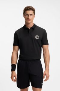 Stretch-cotton polo shirt with tennis-inspired logo, Black