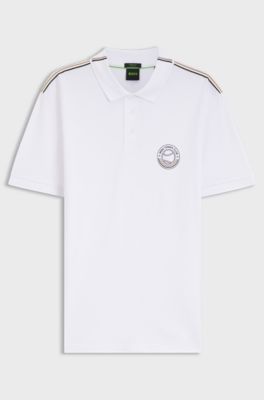 Stretch-cotton polo shirt with tennis-inspired logo, White