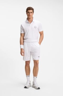 Stretch-cotton polo shirt with tennis-inspired logo, White