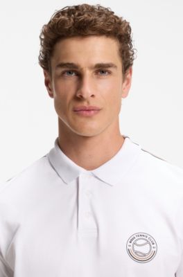 Stretch-cotton polo shirt with tennis-inspired logo, White