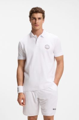 Stretch-cotton polo shirt with tennis-inspired logo, White