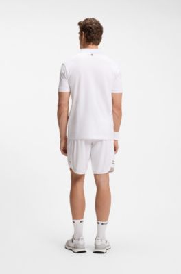 Stretch-cotton polo shirt with tennis-inspired logo, White