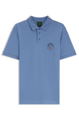 Stretch-cotton polo shirt with tennis-inspired logo, Blue