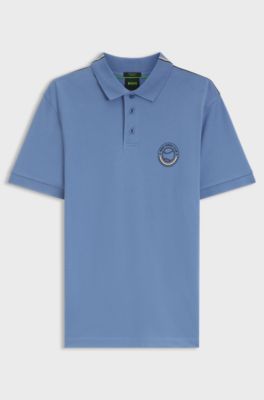 Stretch-cotton polo shirt with tennis-inspired logo, Blue