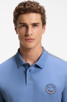 Stretch-cotton polo shirt with tennis-inspired logo, Blue