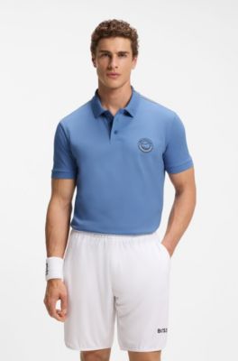 Stretch-cotton polo shirt with tennis-inspired logo, Blue