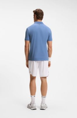 Stretch-cotton polo shirt with tennis-inspired logo, Blue