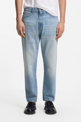 Relaxed-tapered-fit jeans in bright-blue denim