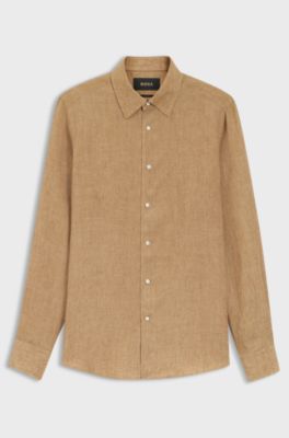 Camisa slim fit de lino fabricado en Italia, Beige