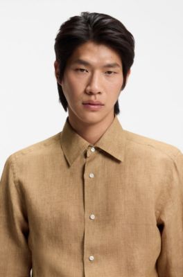 Camicia slim fit in lino italiano, Beige