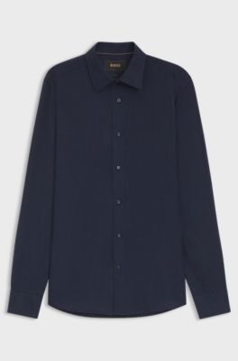 Slim-fit shirt in Italian-made linen, Dark Blue
