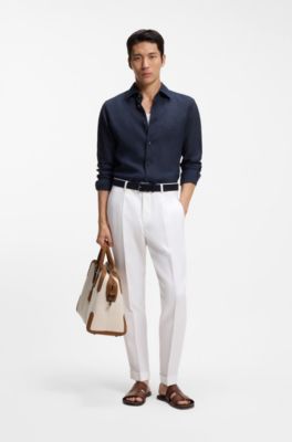Slim-fit shirt in Italian-made linen, Dark Blue
