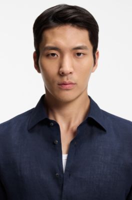 Slim-fit shirt in Italian-made linen, Dark Blue