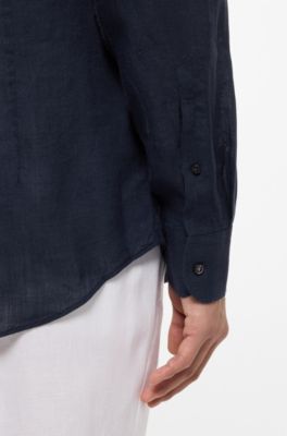Camicia slim fit in lino italiano, Blu scuro