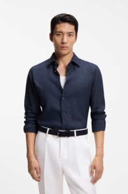 Slim-fit shirt in Italian-made linen, Dark Blue