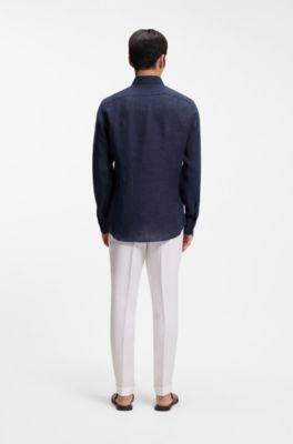 Slim-fit shirt in Italian-made linen, Dark Blue