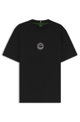 Stretch-cotton T-shirt with tennis artwork, Black