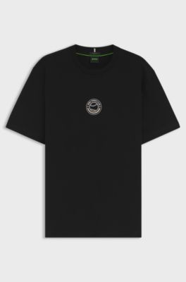 Stretch-cotton T-shirt with tennis artwork, Black