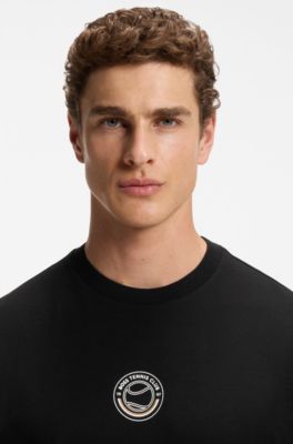 Stretch-cotton T-shirt with tennis artwork, Black