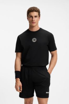 Stretch-cotton T-shirt with tennis artwork, Black