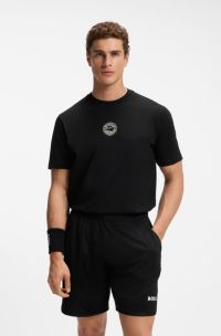 T-shirt van stretchkatoen met tennisartwork, Zwart