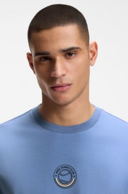 Stretch-cotton T-shirt with tennis artwork, Blue