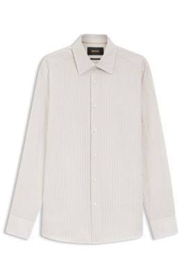 Slim-fit shirt in Italian-made cotton, linen and silk, Beige Patterned