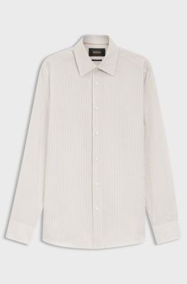 Slim-fit shirt in Italian-made cotton, linen and silk, Beige Stripes